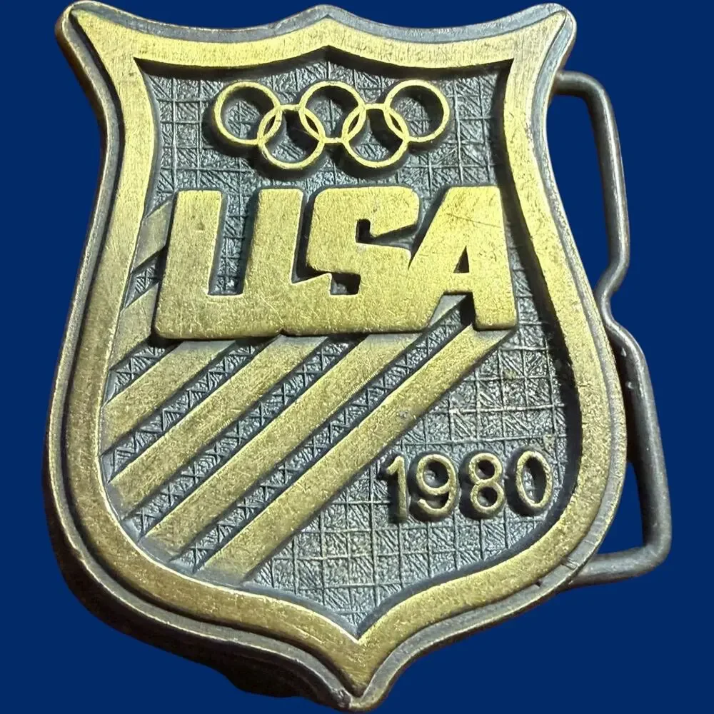 Vintage USA Belt Buckle 1980 Olympic Rings Shield Brass Tone Collectible